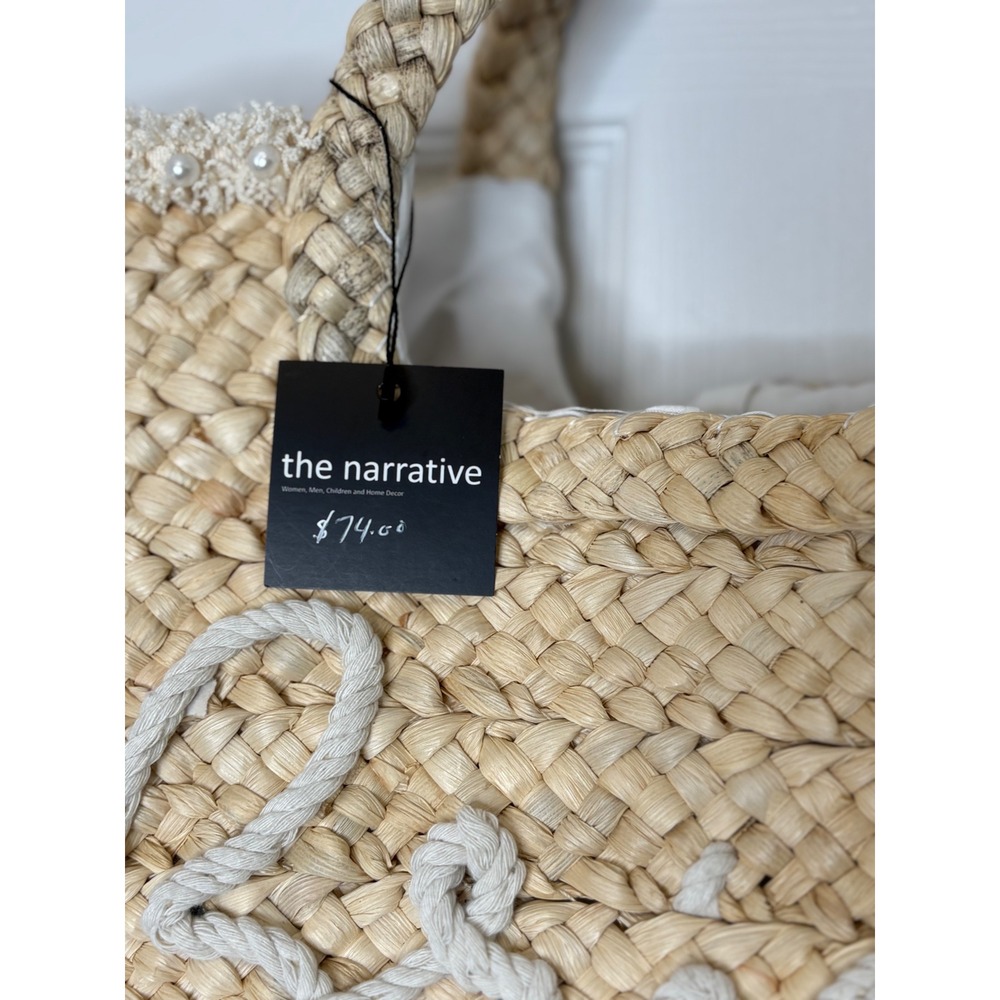Romantic Coastal Bride Straw Tote Pearl Trim Beach Wedding Tote NWT - Picture 4 of 6